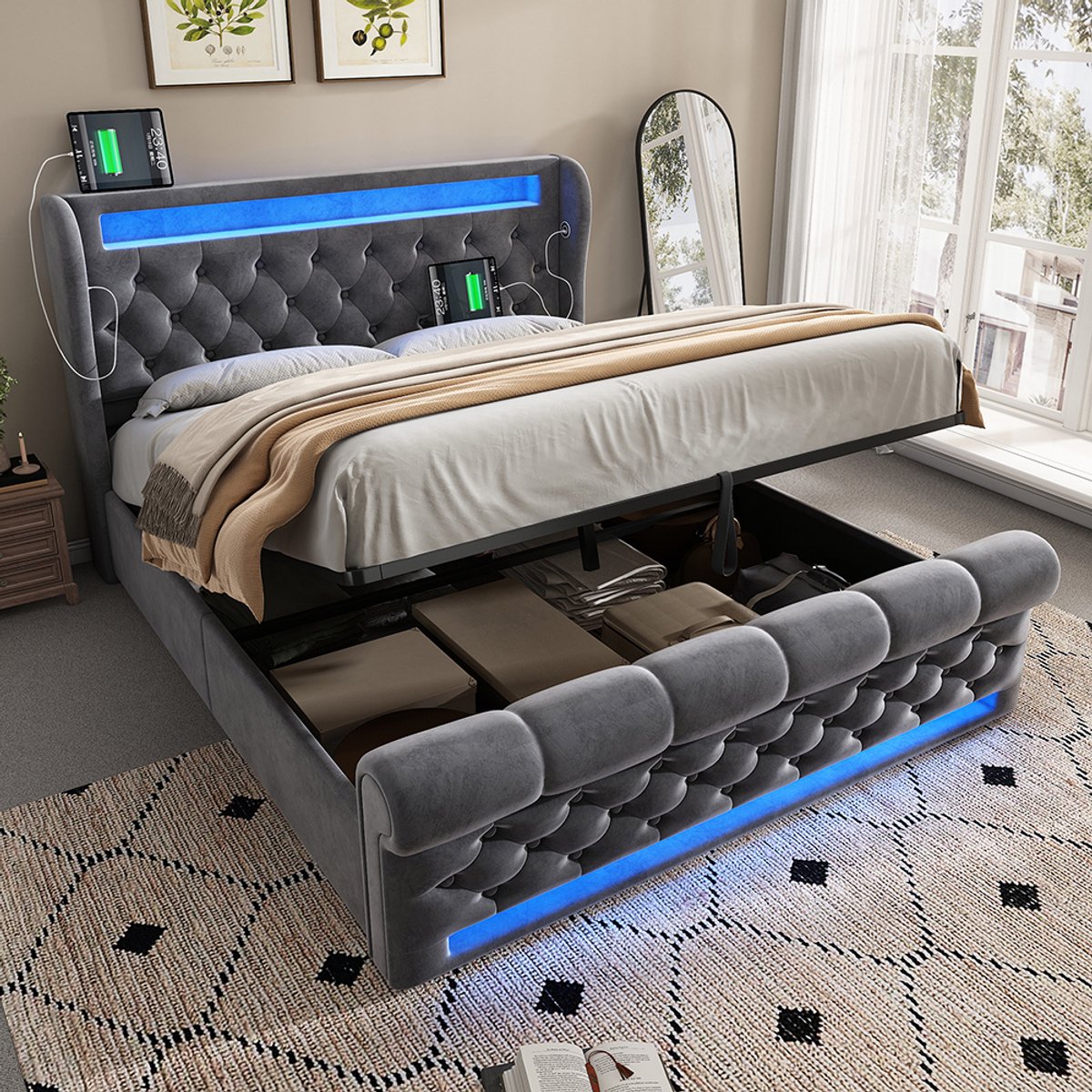 Komhtom Modern gestoffeerd tweepersoonsbed 160 x 200 cm, gestoffeerd bed met ledverlichting, hoofdeinde met opbergruimte en USB- en Type-C-poorten, bed met hydraulische opbergruimte, grijs, fluweel (zonder matras)