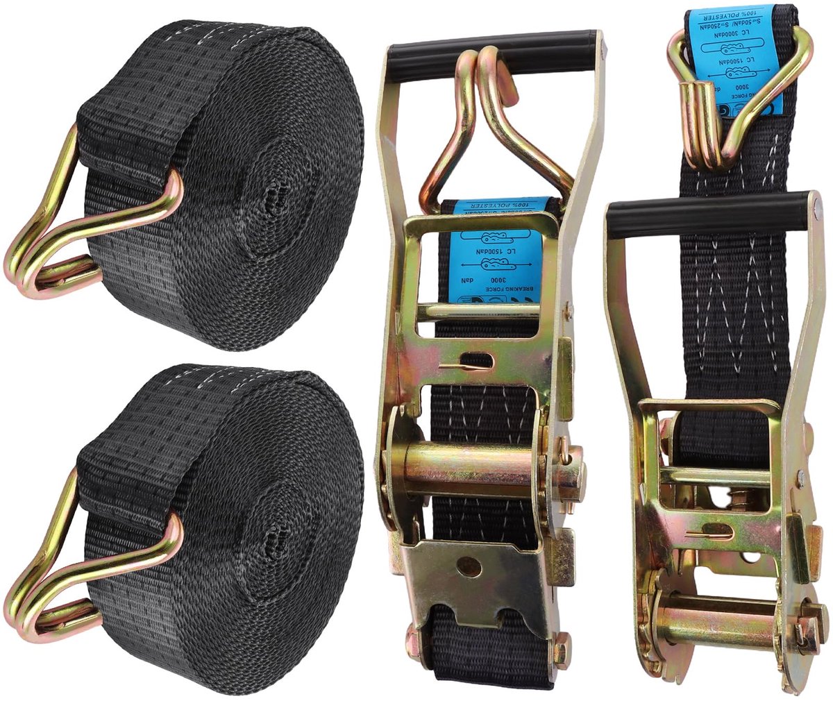 2 Sets Spanbanden met ratel - 3000 kg breeksterkte met handvat en metalen J-haken - Voor vrachtwagen, auto, motor - Zwart - 5 cm x 10 m
