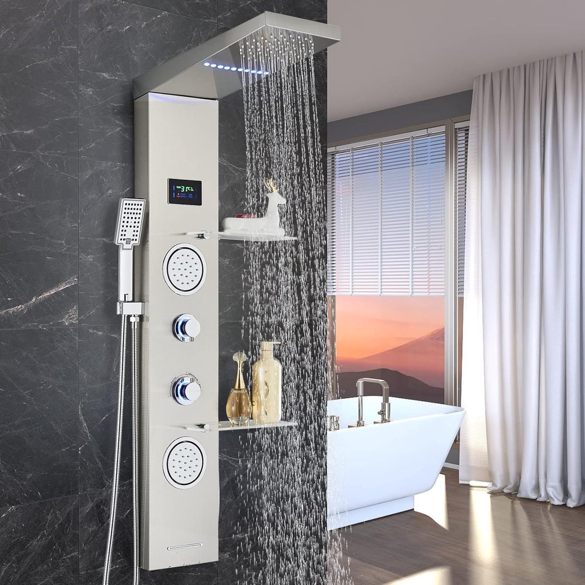 LED Hydromassage douchekolom Geborsteld nikkel Roestvrij staal 5 functies (waterval- en regendouchekop, handdouche, massagestralen, baduitloop, bidetstraal)