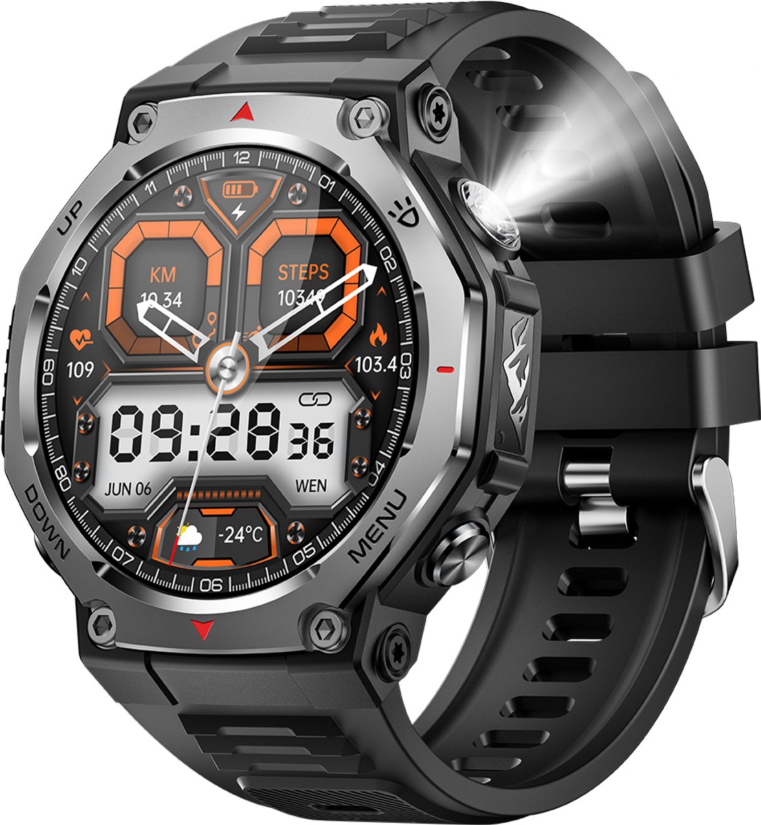 Knobbout 1.43”Scherm AMOLED Smartwatch – 466×466 HD Scherm – 5ATM Waterdicht (tot 50m) – LED Zaklamp + UV-Licht + SOS Noodflits – Bluetooth Bellen – 525mAh Lange Batterijduur – Outdoor & Sporthorloge voor Android/iOS-Zwart