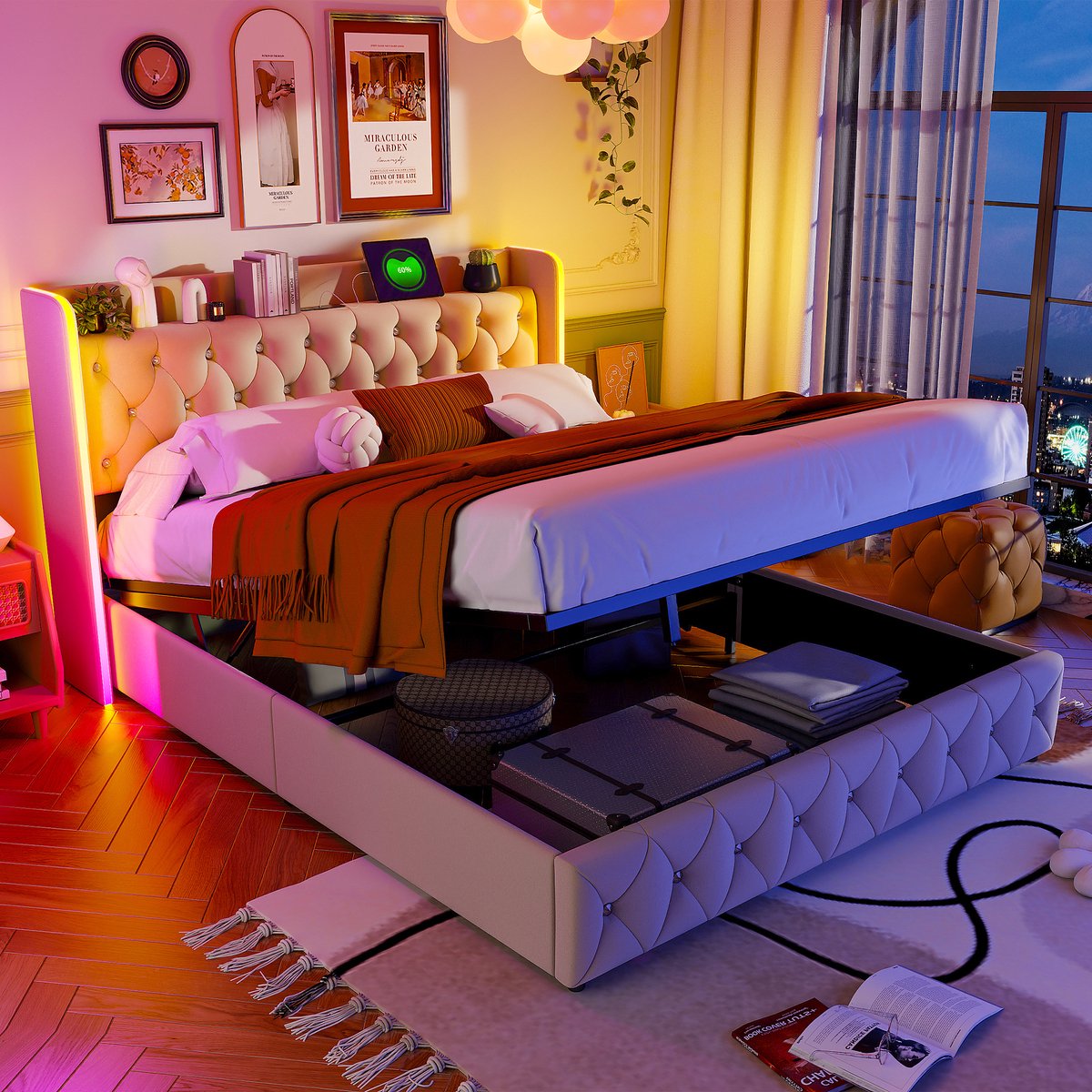 Opbergbed 140x200 cm Beige Fluweel met LED & USB, Hydraulisch Tweepersoonsbed met Lattenbodem, Functioneel Bed