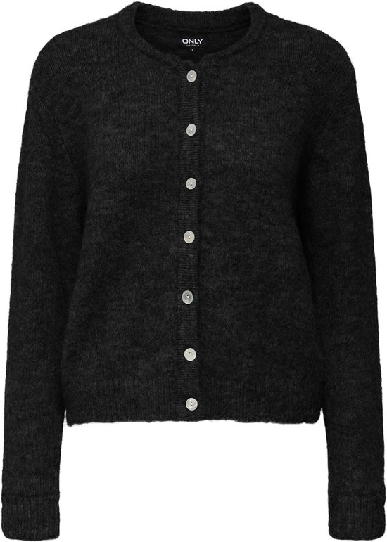 Cardigan tricoté noir, boutons blancs, manches longues et col rond.