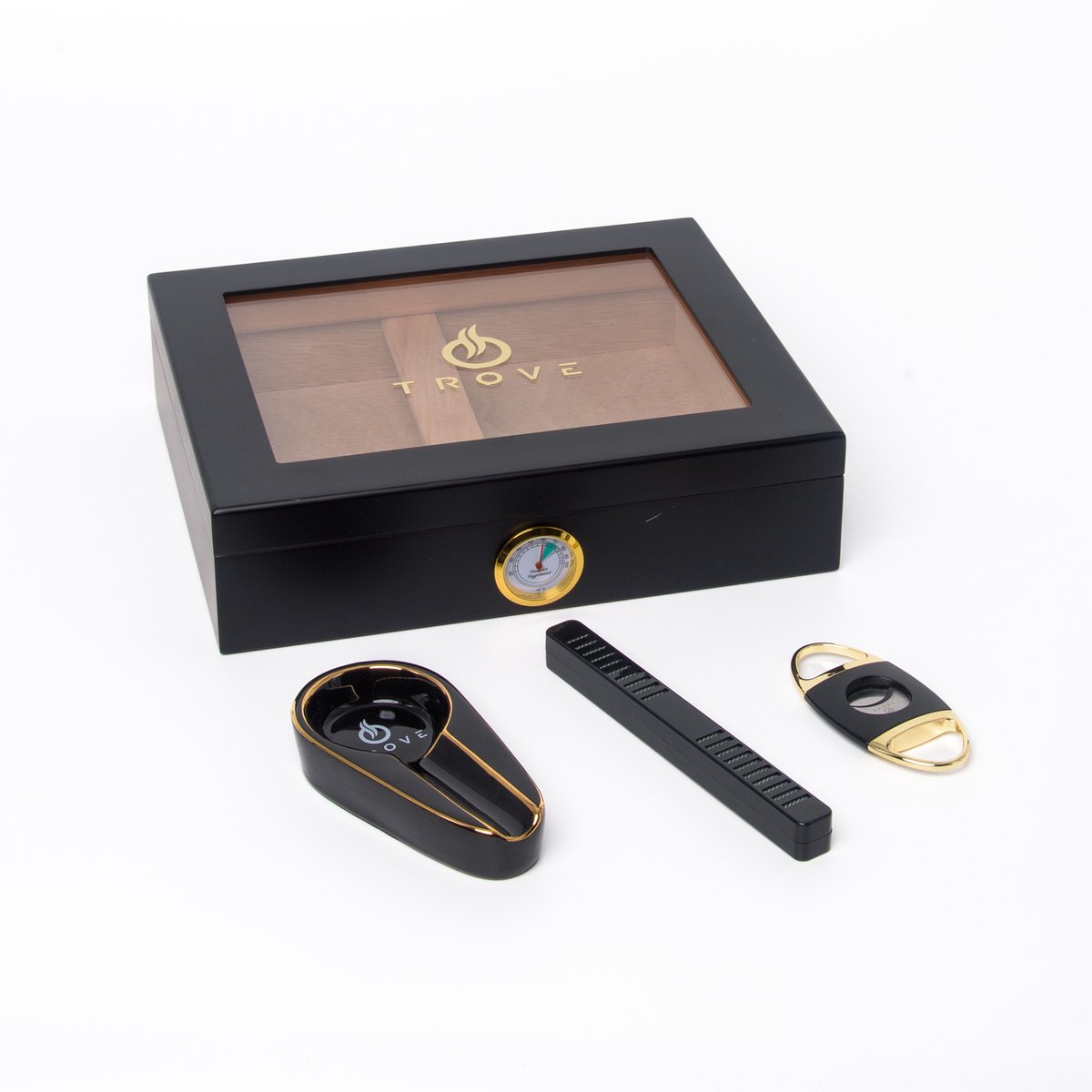 Trove Sigaren Humidor set met sigaren knipper en asbak - Inclusief Luchtbevochtiger en Hygrometer - zwart Cederhouten