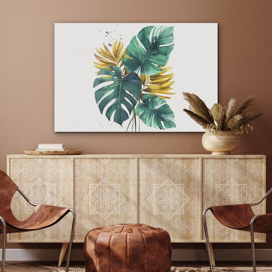Akoestisch wandpaneel 100x70 cm - Vilt schilderij Bladeren - Monstera - Groen - Goud - Modern - Akoestische panelen - Geluidsdempende wanddecoratie - Geluidsisolatie woonkamer - Muurdecoratie geluidspanelen