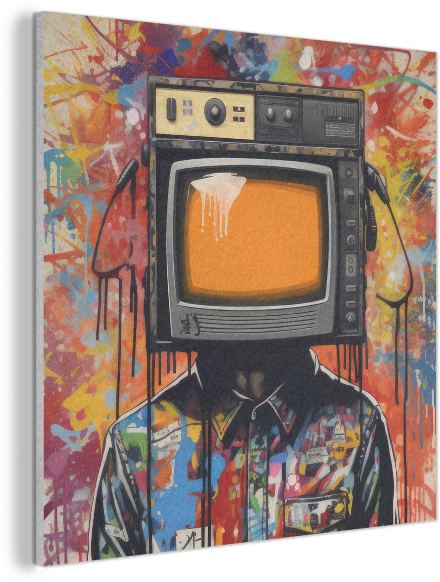 Akoestisch wandpaneel 60x60 cm - Vilt schilderij Televisie - Graffiti - Mens - Kleuren - Akoestische panelen - Geluidsdempende wanddecoratie - Geluidsisolatie woonkamer - Muurdecoratie geluidspanelen