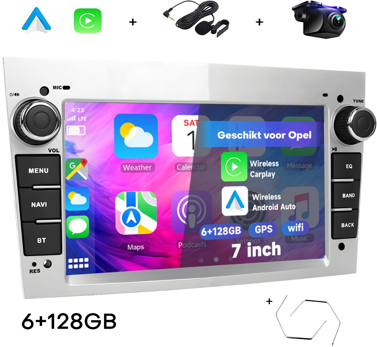 Boscer Autoradio - Geschikt voor Opel - Android 15 - Apple Carplay & Android Auto (Draadloos) - 6+128GB - 7 Inch HD Touchscreen - GPS, Bluetooth, USB, SD & MP5 - Navigatiesysteem - Zilver - Demontagesleutels, Achteruitrijcamera & Microfoon