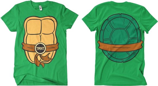 Groene T-shirt met vooraanzicht van een schildpadschild met oranje band en TMNT-logo, en achterkant met schildpadschild met oranje band.