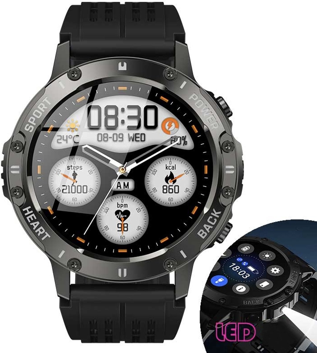 Knobbout 1.46”(3.7cm) Sportieve Smartwatch met LED Zaklamp – Bluetooth Bellen – HD Touchscreen (360×360) – 100+ Sportmodi – Hartslag, Bloeddruk & SpO₂ – IP68 Waterdicht – Muziekbediening – Android & iOS - Zwart