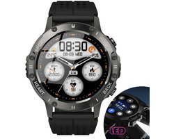 Knobbout 1.46”(3.7cm) Sportieve Smartwatch met LED Zaklamp – Bluetooth Bellen – HD Touchscreen (360×360) – 100+ Sportmodi – Hartslag, Bloeddruk & SpO₂ – IP68 Waterdicht – Muziekbediening – Android & iOS - Zwart