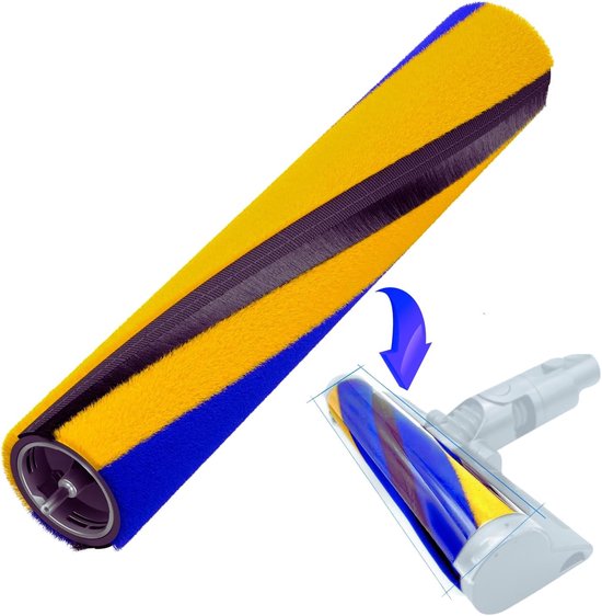 Een stofzuigerborstelrol met blauwe, gele en zwarte strepen. Een blauwe pijl wijst naar de borstelkop.