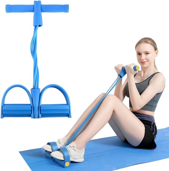 Foto: Elastische buikspiertrainer ab trainer ab roller ab wheel buikspierwiel resistance fitness weerstand pedaal band elastiek met handvat en pedaal buikspieren total abs weerstandselastiek workout apparatuur blauw