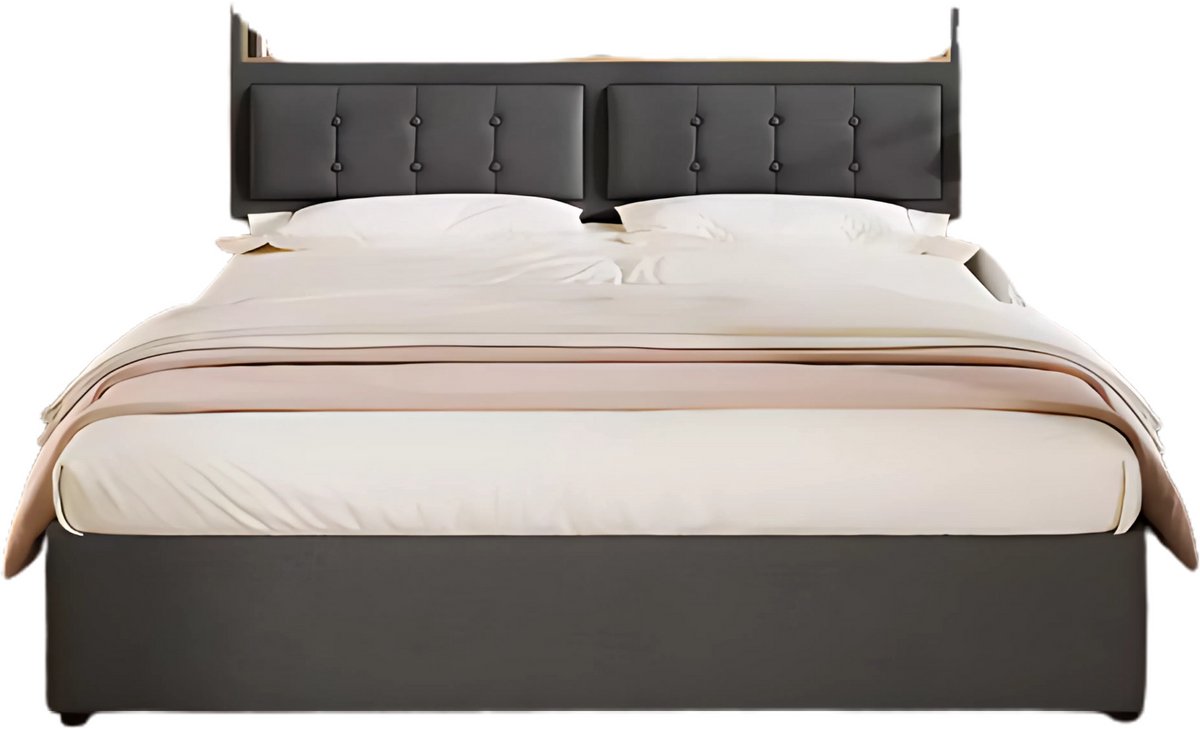 Bed - Tweepersoonsbedden - Tweepersoonsbed - Twijfelaar - Voor Jeugdkamer of Slaapkamer - Met USB-C Oplaadfunctie & Hoofdeinde - Lattenbodem & Opbergruimte voor Beddengoed - 140x200cm