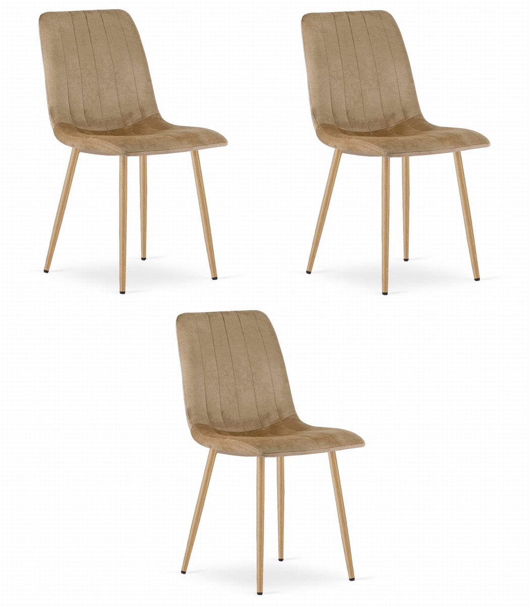 Set van 3 Eetkamerstoelen LAVA - Bruin - Houtlook Metalen Poten - Velvet Bekleding - Industriële Stijl, Max. 110 kg, Ergonomisch Design, Comfortabele Zitting