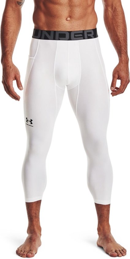 Witte HeatGear 3/4 legging voor heren met zwarte tailleband met logo.