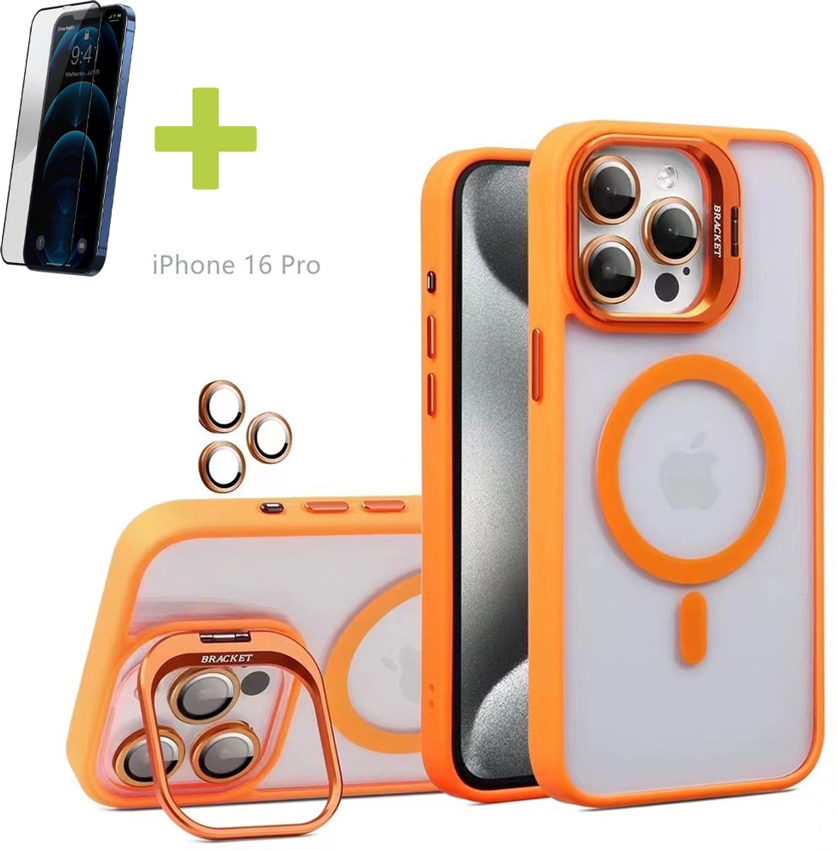 Standaards Hoesje voor iPhone 16 Pro, Compatibel met MagSafe Hoes, Acryl + TPU Case met Metaal Camerafolie, Transparant, Oranje - Screenprotector