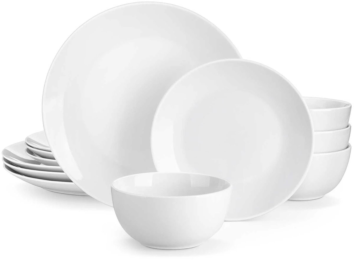 Serviesset - 4 Persoons Servies - Porselein - Dinerborden - Dessertborden - Ontbijtkommen - 12-delige Set - Wit