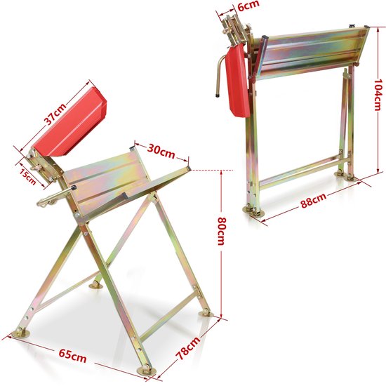 Afmetingen van de zilverkleurige metalen zaagbok: de opgevouwen en uitgevouwen versies met afmetingen.