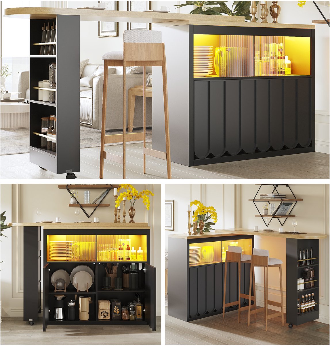 Uitschuifbare Bartafel (135-205x39x100 cm) - Moderne Bar met LED & Gestreepte Deuren - Zwart Telescoop Keuken Eiland / Bistrotafel