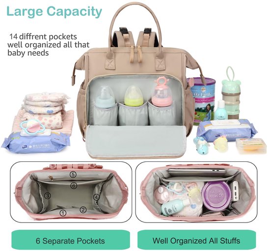 Luiertas Rugzak 14 Vakken - Waterafstotende Baby Verschoontas - Grote Opening - Kinderwagenhaken - Beige