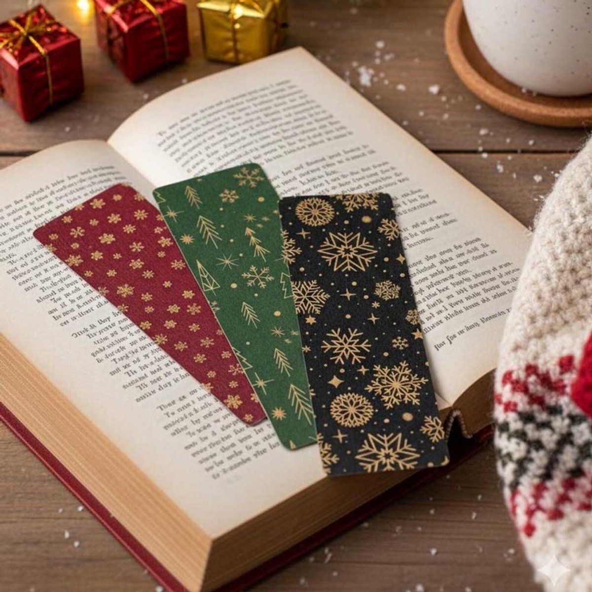 Nook and Note – Winter Boekenlegger Set (3 stuks) – Goudfolie Sneeuwvlokken – Handgemaakt