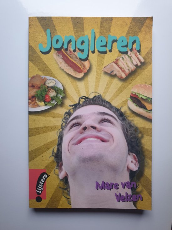 Boekomslag met Jongleren in blauwe letters en een close-up van een gezicht omringd door een hamburger, hotdog, club sandwich en fish and chips.