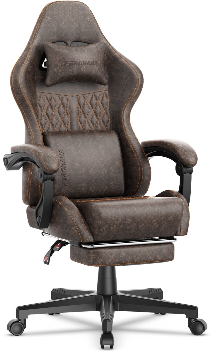 Soontrans-Gaming Stoel-Inklapbare Voetensteun-Gamestoel Verstelbaar Rugleuning-Ergonomische Gaming Chair-Bureaustoel-Max Draagvermogen 120 kg-PU Kunstleer Computerstoel Gaming Voor Volwassenen en Jongeren-Bruin