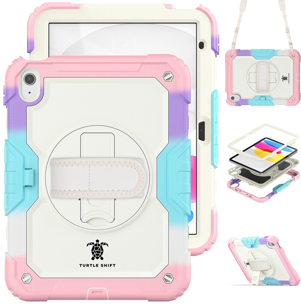 Turtle Shift Hoes met Screenprotector - Geschikt voor iPad 11 (A16) en iPad 10 - 2025 en 2022 - 10.9 Inch - Schouderriem - Draaibare Standaard met Apple Pencil Houder - Regenboog