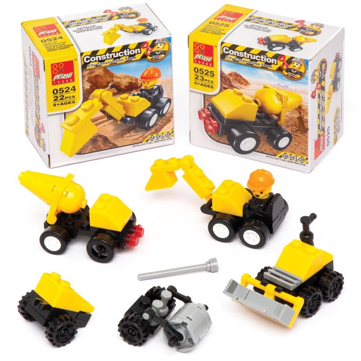 10 stuks Bouwblokjes - construction blocks - speelgoed kinderen - uitdeel cadeautjes - traktatie - bulldozer - betonmolen - graafmachine