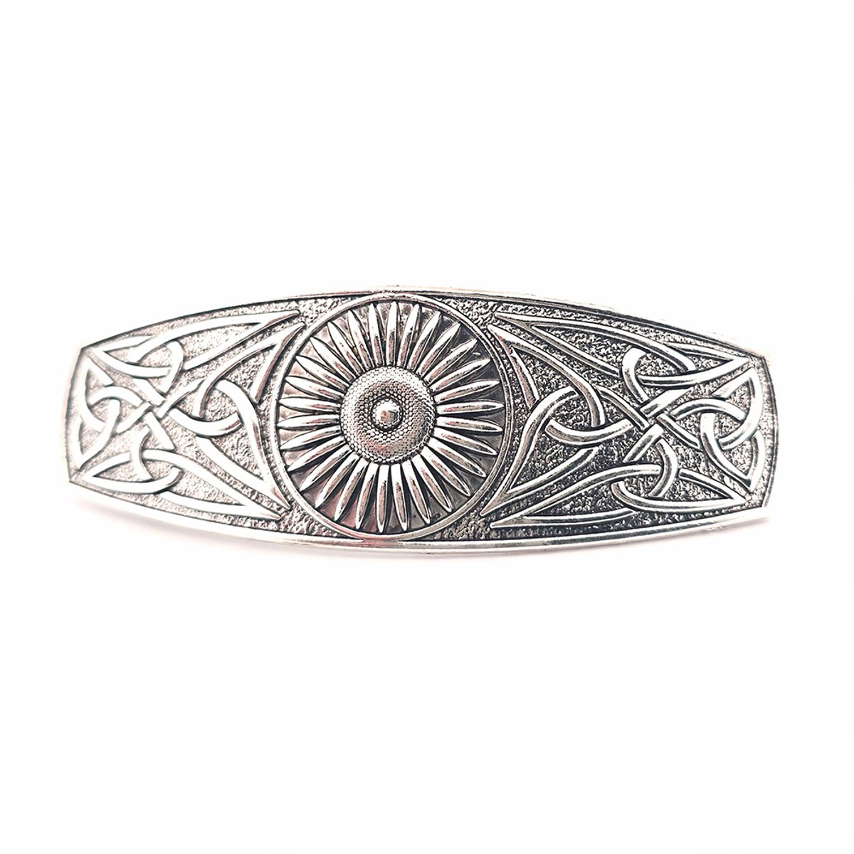Haarspeld dames - antiek zilverkleurig - keltisch - vintage - viking stijl - rechthoekig - zon en knoop - barrette clip - metaal