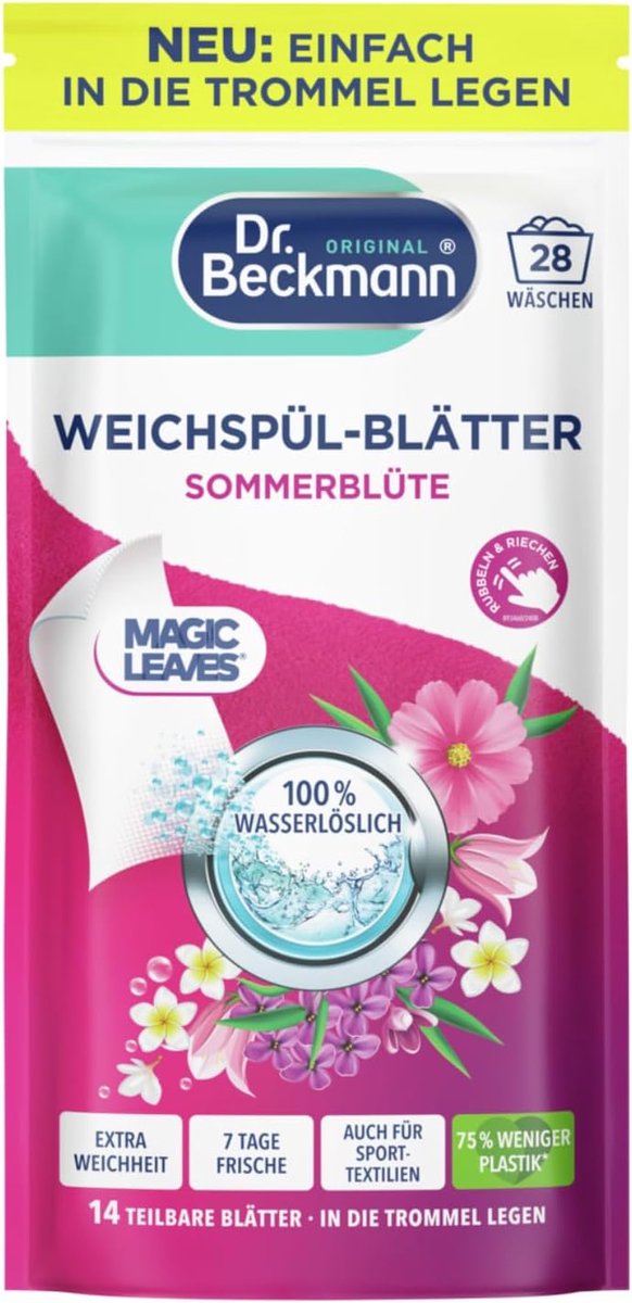 Dr. Beckmann Wasverzachterdoekjes Zomerbloesem - 14 velletjes | Ultracompact, 0% residu, geur, actief om aan te raken, tot 7 dagen frisheid, ideaal voor sportwas en handdoeken
