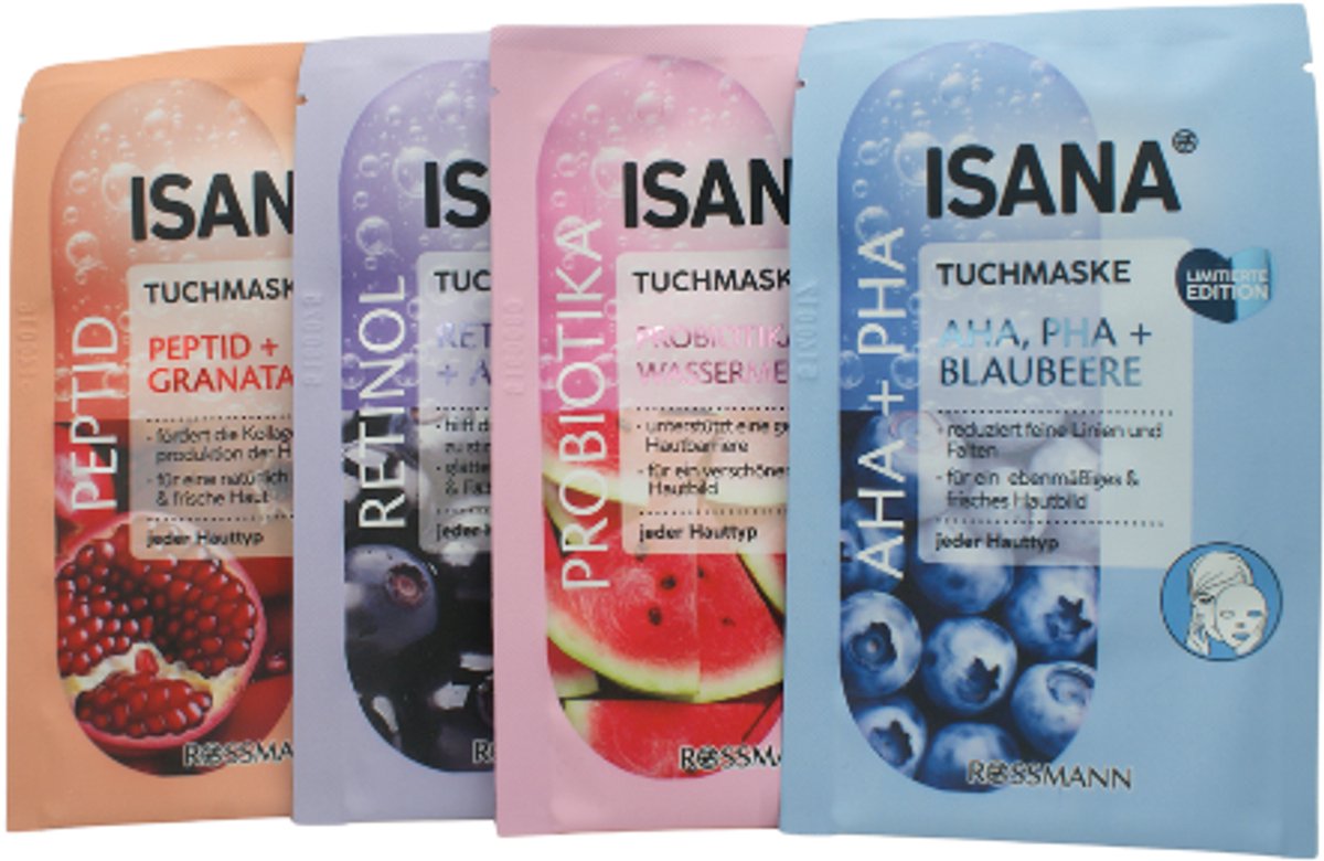 ISANA Gezichtsmasker Set van 4 | AHA + PHA, Probiotica + Watermeloen, Retinol + Açaí & Peptide + Granaatappel | Hydraterend, Herstellend & Verzorgend - Vegan