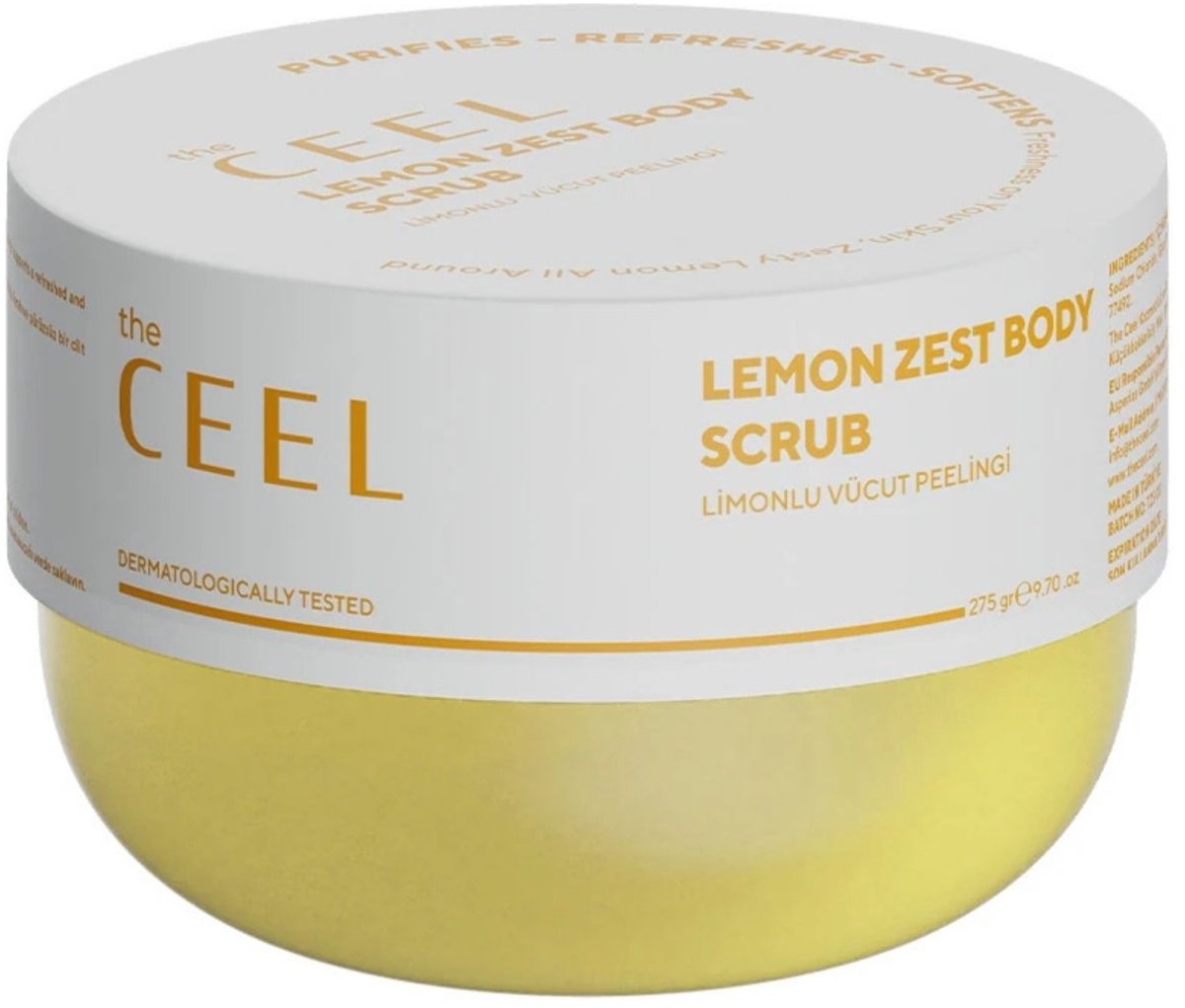The Ceel Lemon zest body scrub - Lichaamspeeling met citroenextract - Hydraterend, voedend & zuiverend - Lichaamsscrub tegen ingegroeide haartjes & strawberry legs 275 gr