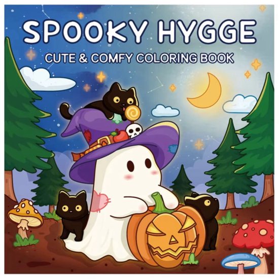Une illustration mignonne d'un gentil fantôme tenant une citrouille, entouré de chatons noirs, de champignons et d'étoiles. Titre : Spooky Hygge Cute & Comfy Coloring Book.