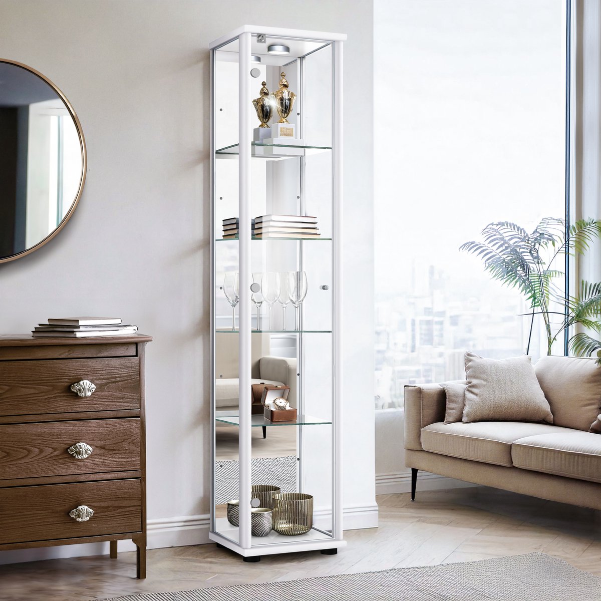 K-Möbel Vitrinekast met glas staand met 1 deur, 4 in hoogte verstelbare glasplanken, spiegel & slot - Vitrinekast met led verlichting - 176x37x33 cm - Wit