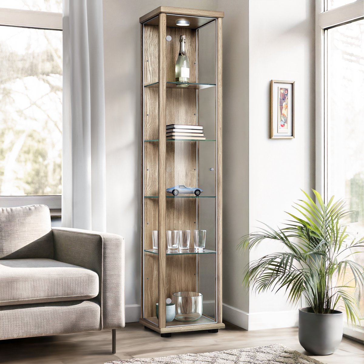 K-Möbel Vitrinekast met glas staand met 1 deur, 4 in hoogte verstelbare glasplanken - Vitrinekast met led verlichting - 176x37x33 cm - Sonoma eiken