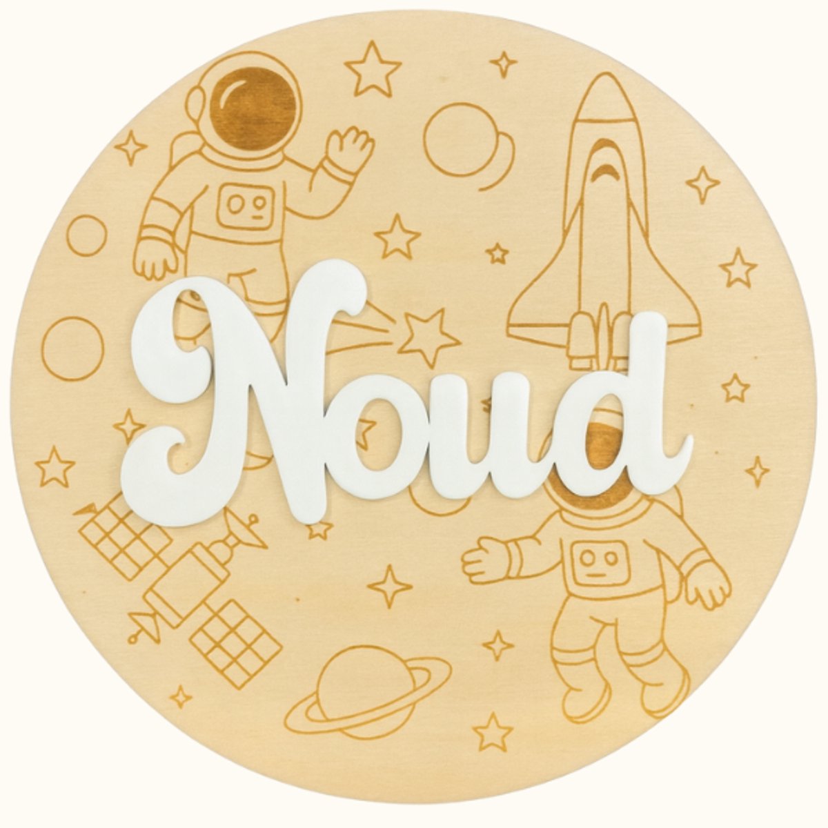 Houten naambordje - astronaut en ruimte thema - gepersonaliseerd met eigen naam - 16 centimeter - zelfklevend