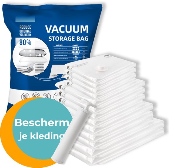 Vacuumzakken Kleding & Dekbedden - Extra Sterk - Vacumeerzakken - 13 stuks / 4 maten - Incl. Handpomp & Sluitclip - Herbruikbaar - Reiszakken voor koffer - Vacuum Opbergzakken - Compressiezakken - Vacuum Bags