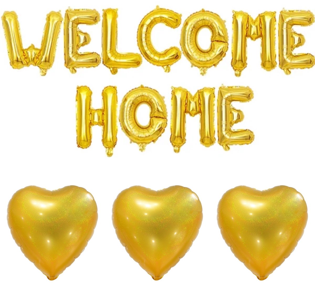 Welcome Home folie ballonnen set goud met 3 gouden harten - welkom thuis - welcome home - goud - ballon - hart