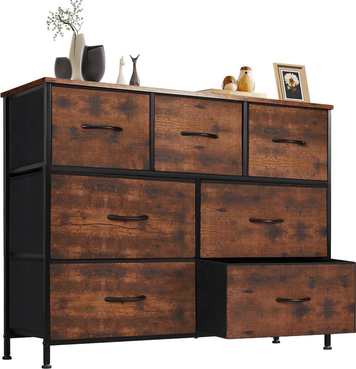 Commode / Brede Ladekast met 7 Stoffen Laden – 100 × 30 × 77 cm – TV-meubel & Opbergkast voor Slaapkamer en Woonkamer – Metalen Frame – Vintage Bruin HMTM-SC-7D-BR