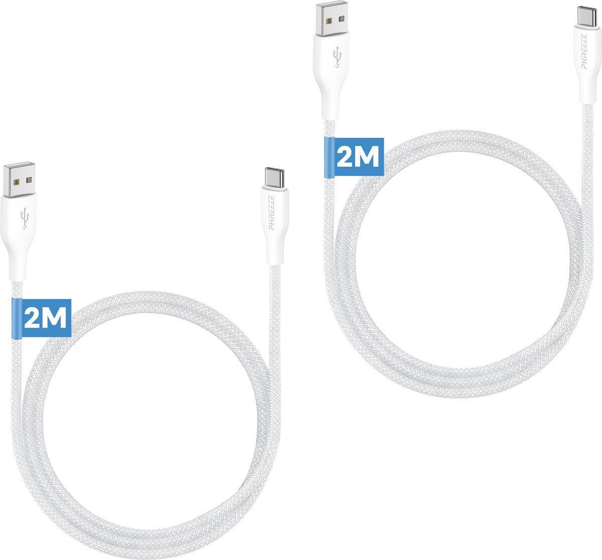 2x oplaadkabel - Usb C naar usb A - data & oplaad kabel - 2 meter - Stevig nylon - Wit - Phreeze