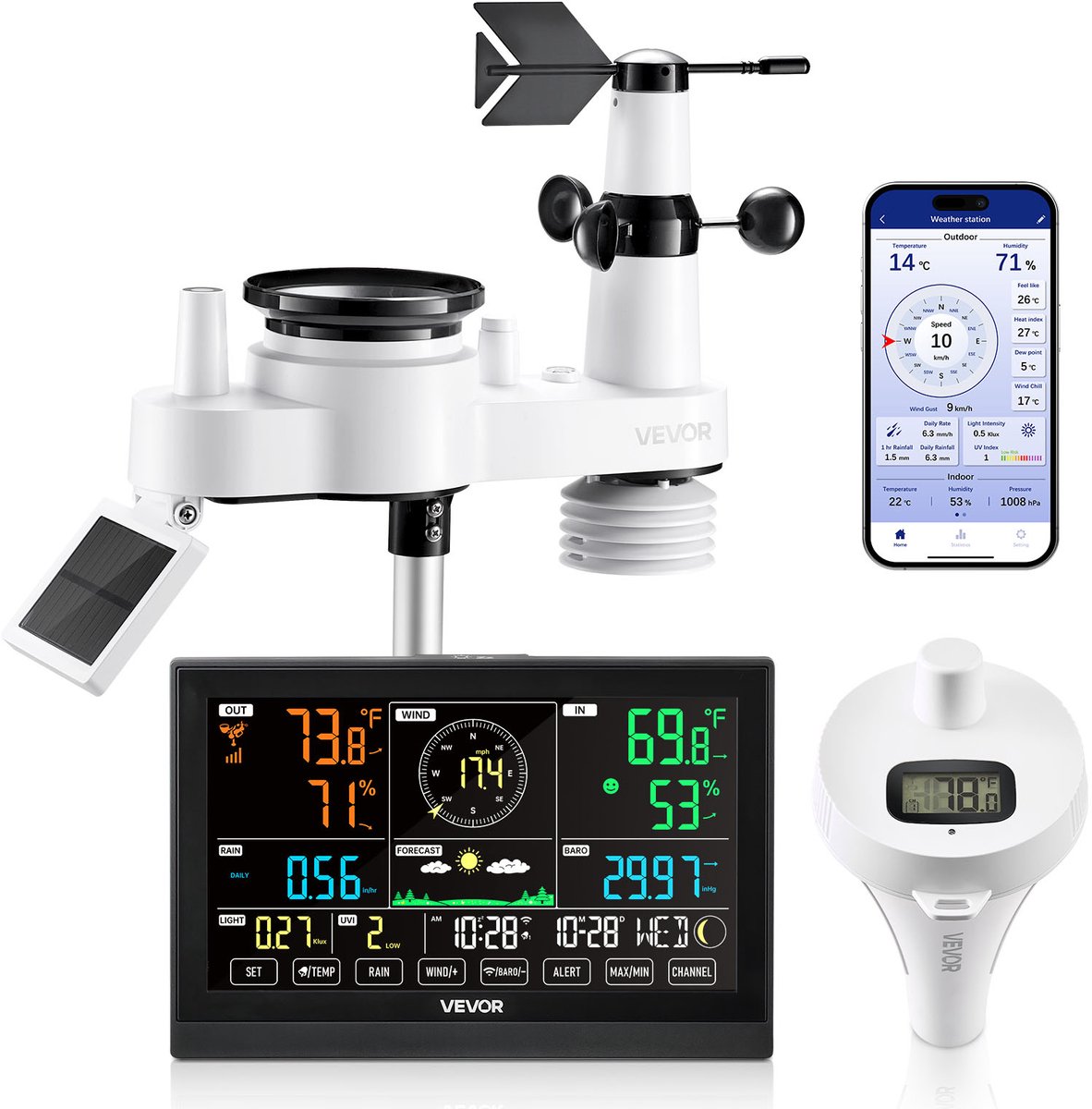 VEVOR 7-in-1 WiFi-weerstation met app, 7,5-inch display, op zonne-energie werkende buitensensor, met zwembadthermometer, regenmeter, weercentrum voor weersvoorspelling, windsnelheid en zwembadtemperatuur