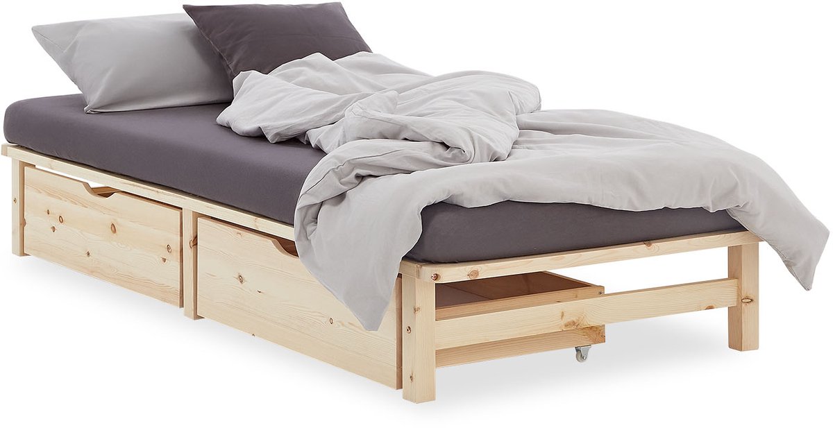 Homestyle4u Houten bed - 100x200 cm - Naturel - met lattenbodem en opbergruimte
