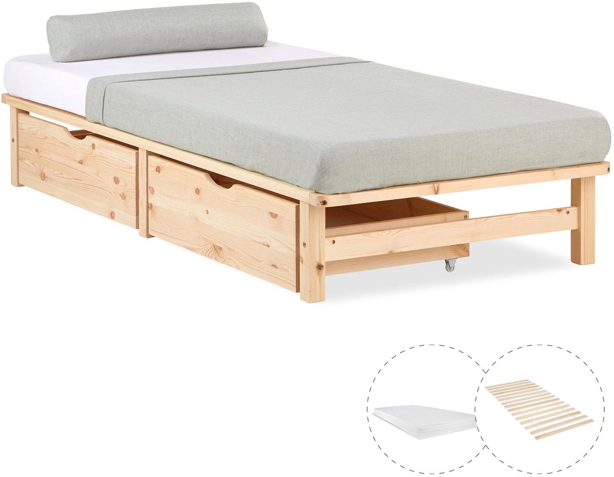 Homestyle4u Palletbed - 90x200 cm - Houten bed - met matras - Bedbak - Natuur Bruin