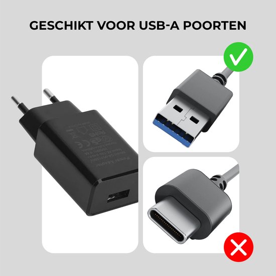 Zwarte USB-A-oplader en USB-C-connector, naast een USB-A-connector met een groen vinkje en een USB-C-connector met een rood kruis.