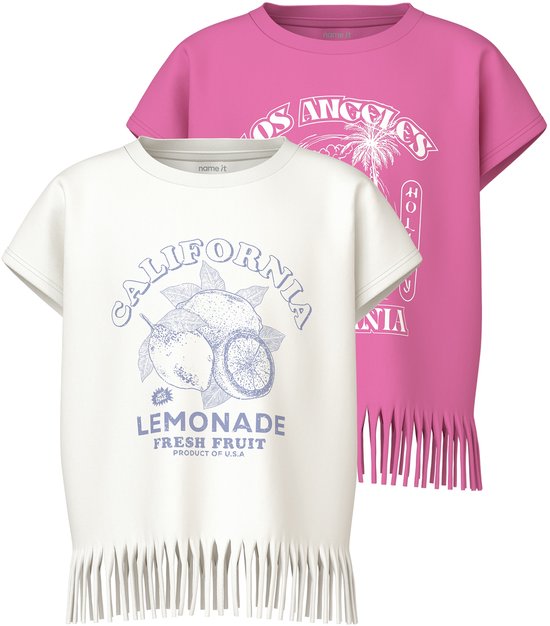 Twee meisjes T-shirts met franje: roze met 'Los Angeles' print en wit met 'California Lemonade Fresh Fruit' print.