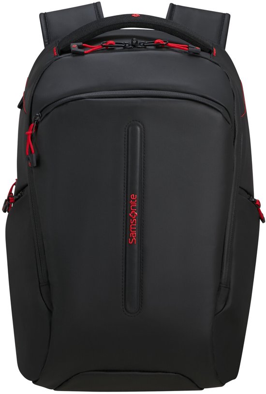 Zwarte rugzak met rood Samsonite logo, rode ritsen en rode stiksels.