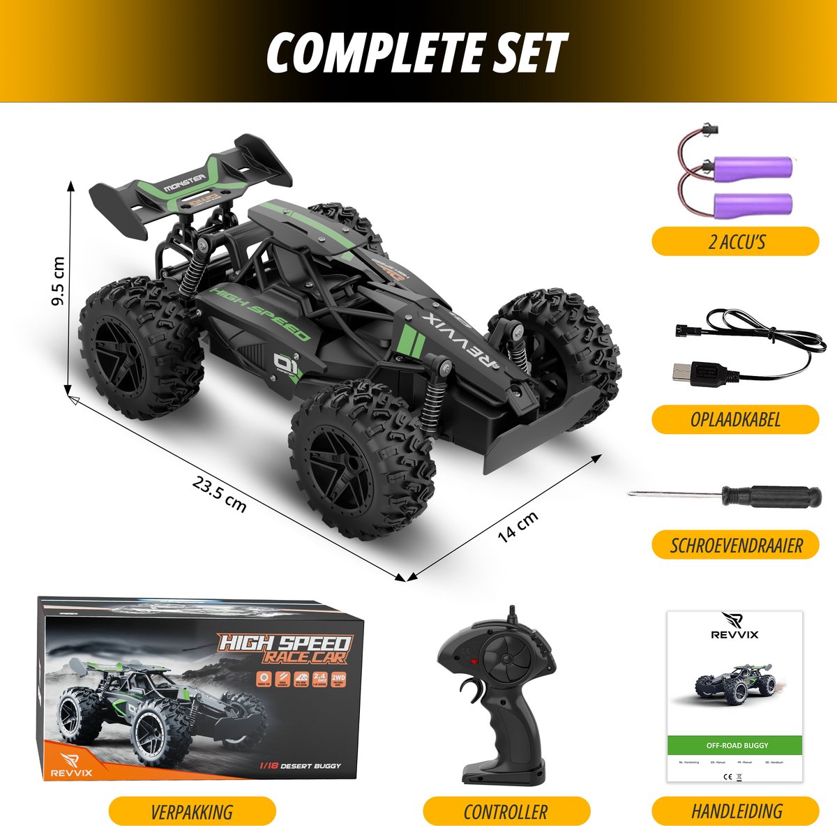 Revvix Bestuurbare Auto - RC Auto - Afstandsbestuurbare auto - Radiografisch bestuurbare auto - Race auto afstandbestuurbaar - RC Drift Car - Offroad Buggy - 2 Accu's - 15 km/u - Buiten - voor Jongens & Volwassenen — afbeelding 2