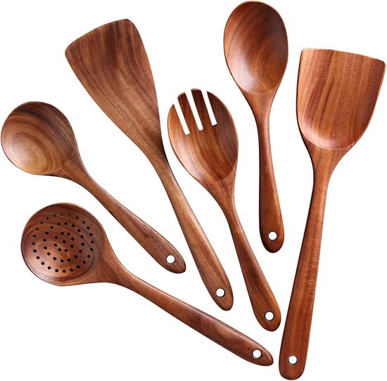 Ensemble de 6 ustensiles de cuisine - Spatule - Cuillère en bois - Ustensiles de cuisine en bois - Bois - Antiadhésif - Ensemble de batterie de cuisine