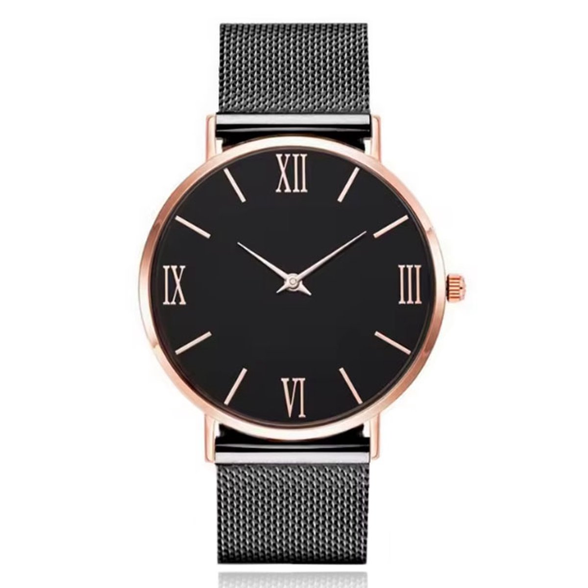 Luxe dameshorloge met zwarte wijzerplaat en zwartkleurige mesh band