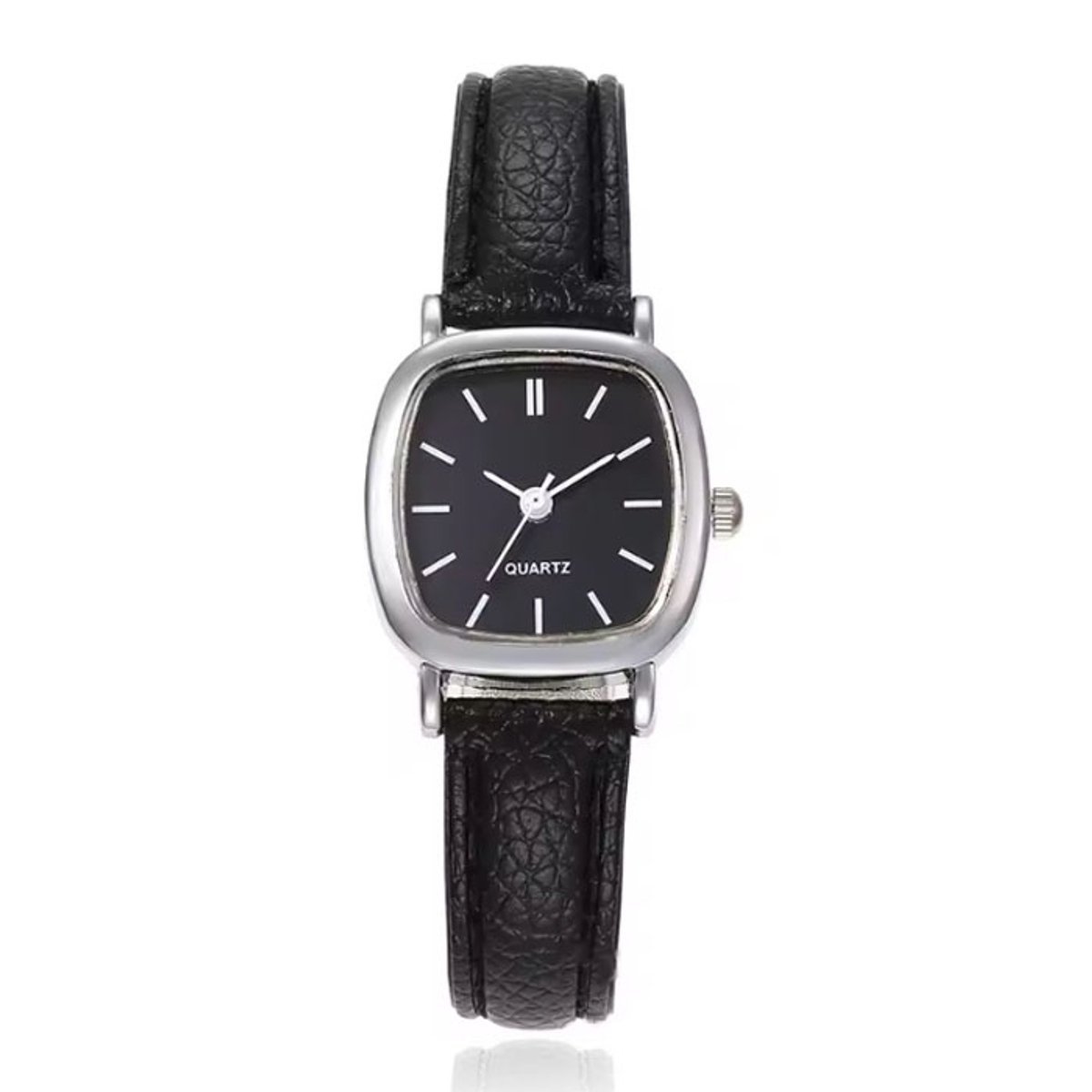 LGT Zilverkleurig dameshorloge met zwarte leren band en zwarte wijzerplaat